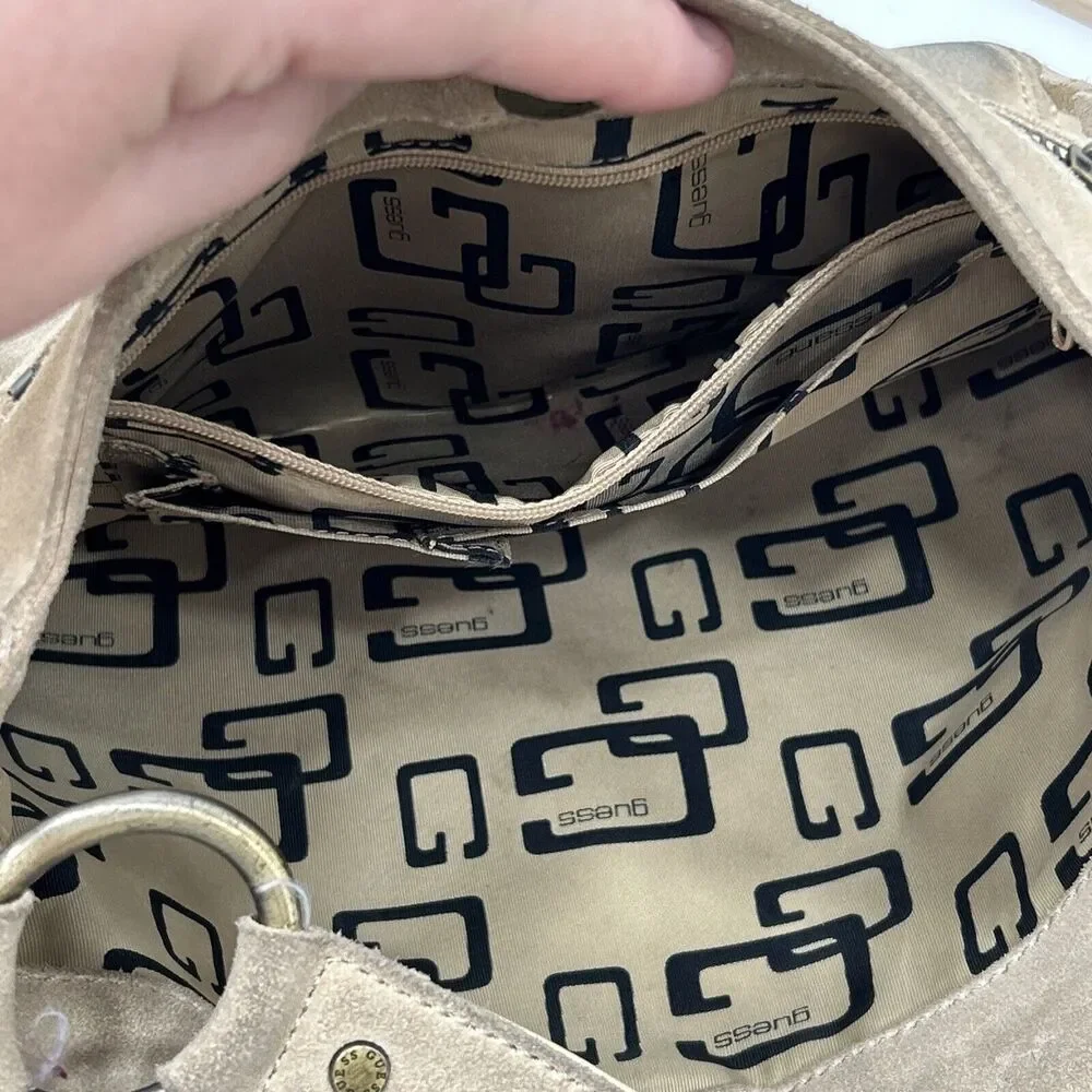 Guess Leather Suede Beige Tan Y2K‎ Hobo Shoulder Fringe Top Zip HandBag Purse